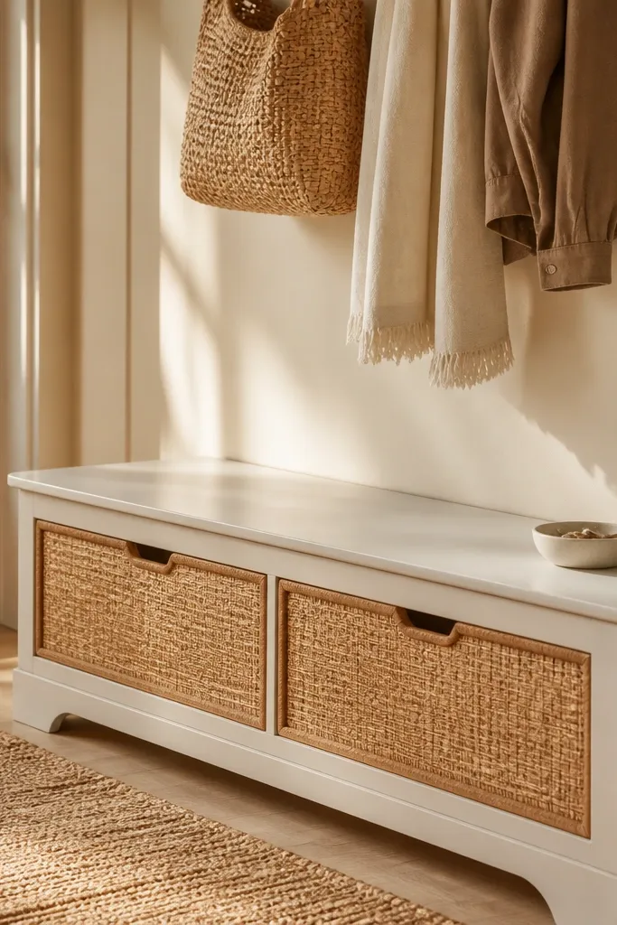 Two-tone entry bench with rattan drawer fronts and shoe storage inside