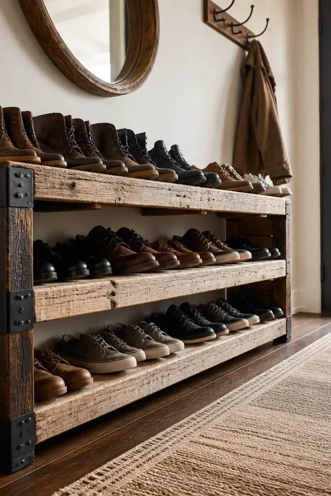 Reclaimed wood shoe rack with steel corner braces and open cubbies