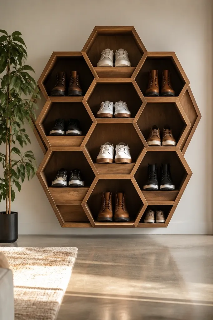 Hexagon-shaped shoe cabinet with staggered cubby openings