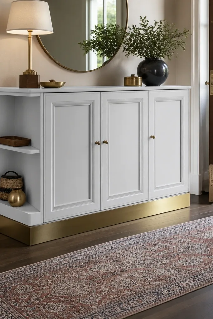 White shoe cabinet with brass toe-kick and open side shelves