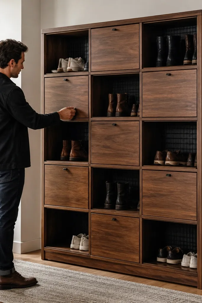 Walnut shoe tower with black grid backing and swing doors