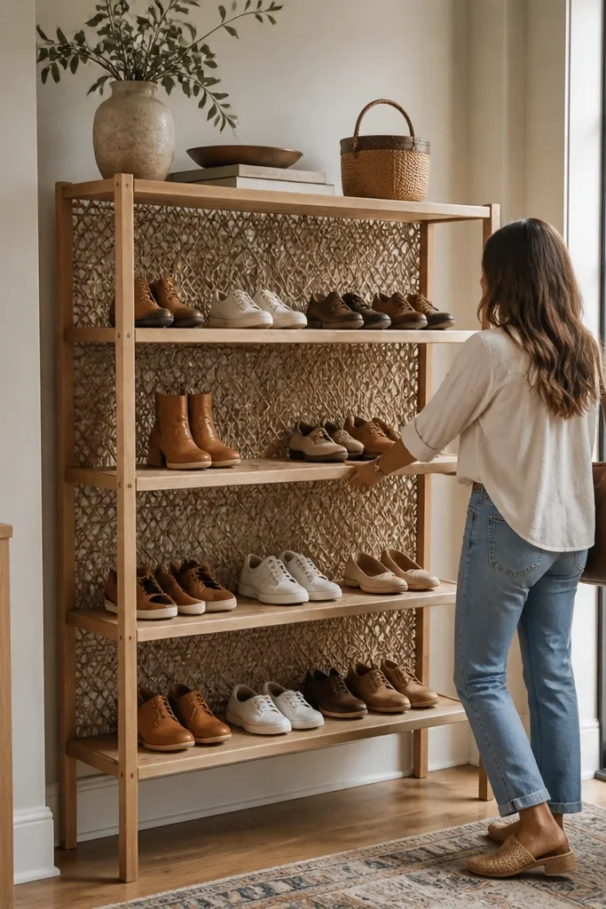 Open frame shoe rack with woven rope backing and wooden shelves