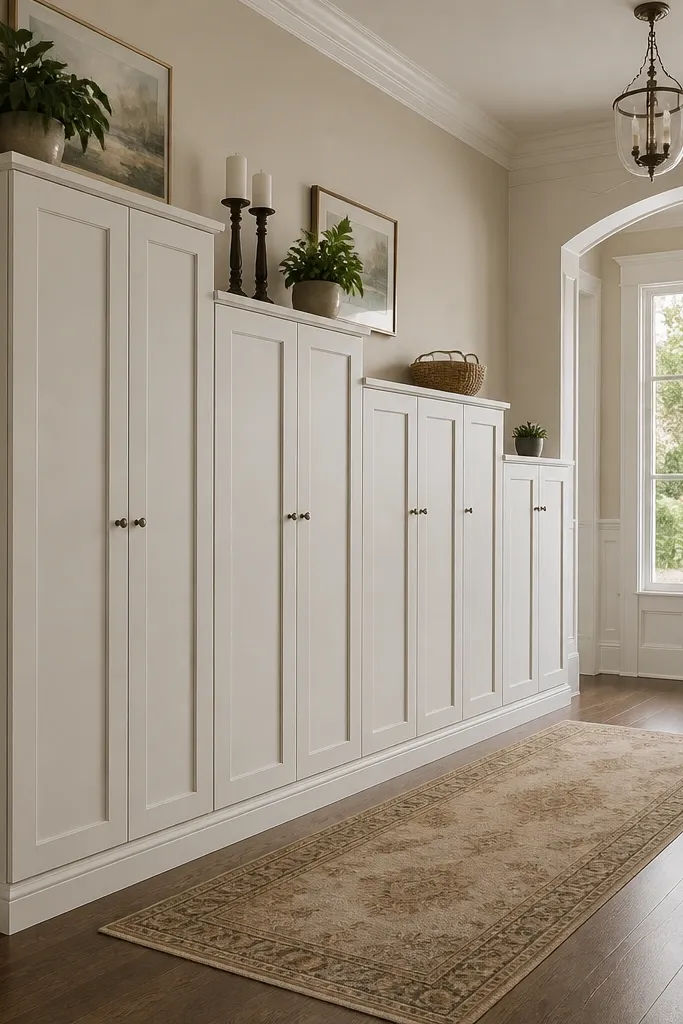 Shaker-style shoe cabinet with tall narrow columns and shaker doors
