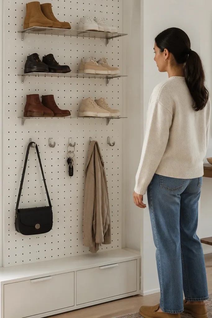 Shoe rack with pegboard backing, shoe hooks, and drawers at the bottom