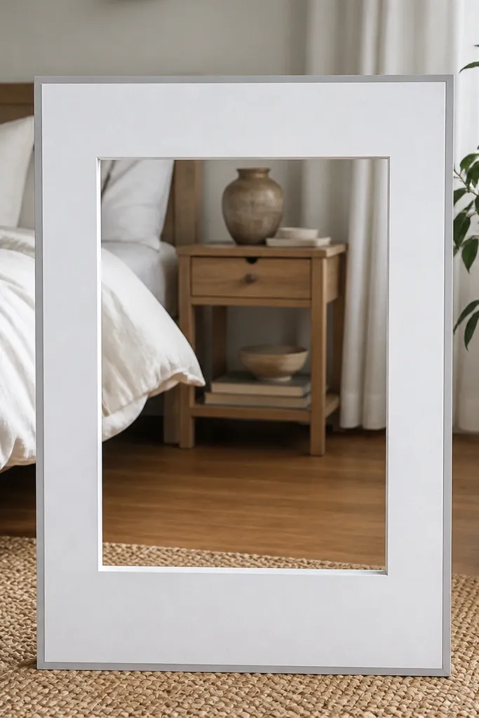 A tall vertical foam-board instagram frame with a centered rectangle window, 3/4 inch matte border, and a subtle gray outer border, photographed on a bedroom floor.