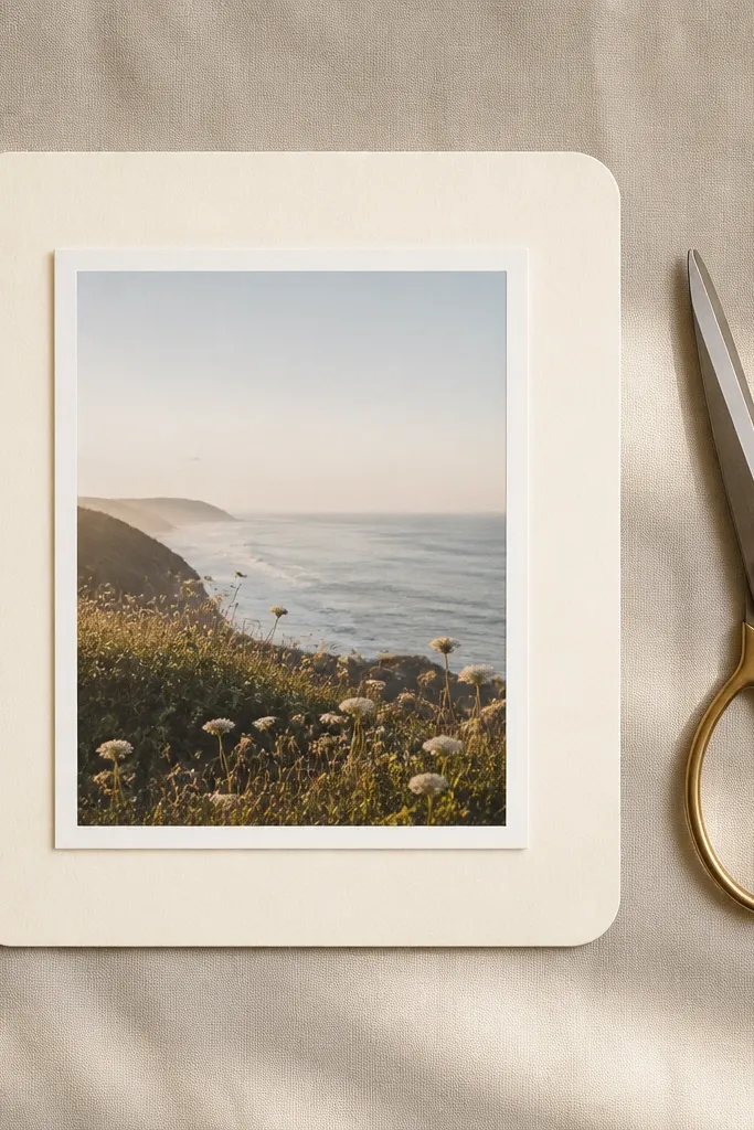 A cream cardstock instagram frame with rounded corners, a thick white matte strip, and a small shadow effect behind the photo; photographed next to a pair of scissors.