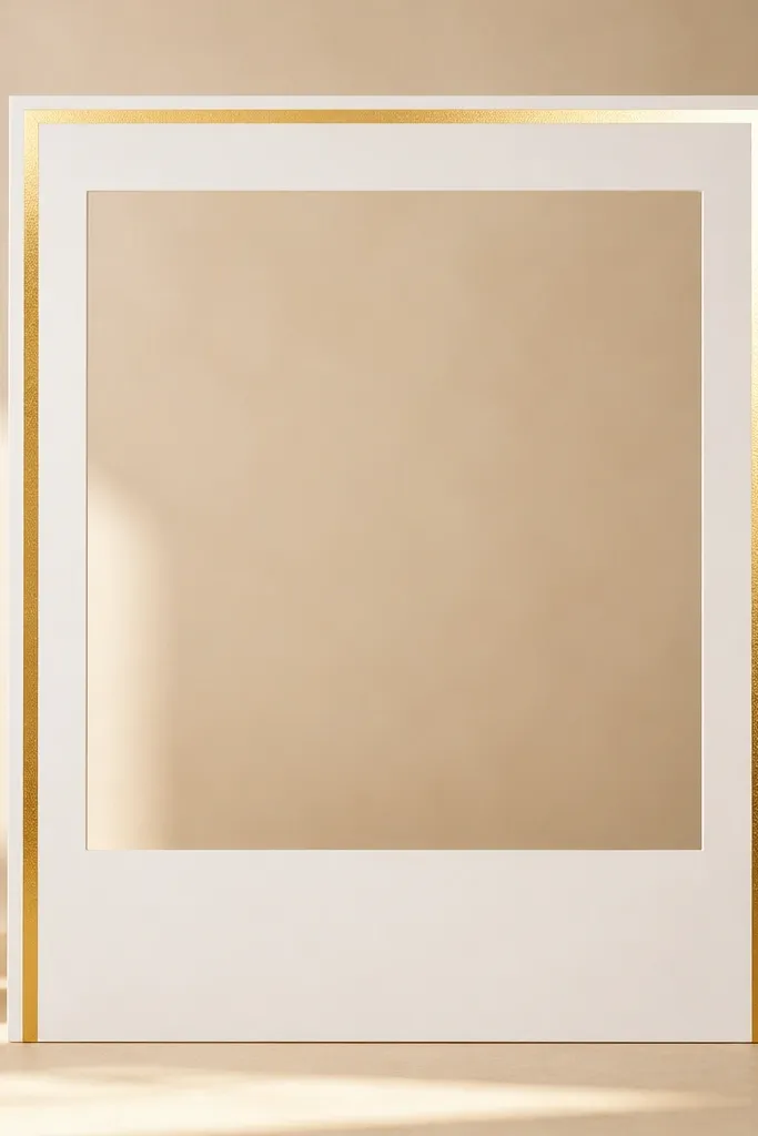 A white foam-board instagram frame with a narrow gold foil strip running along the top and sides, leaving the inner window clean; photographed with warm lighting.