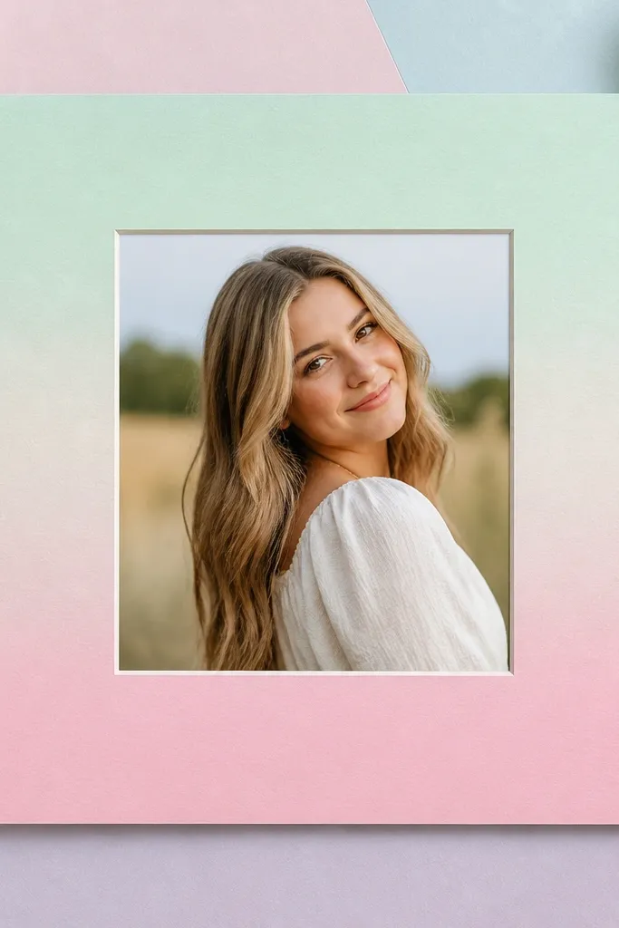 A light mint-to-pink ombre painted border around a square inner window on foam board, with the photo centered; photographed on a pastel desk mat.