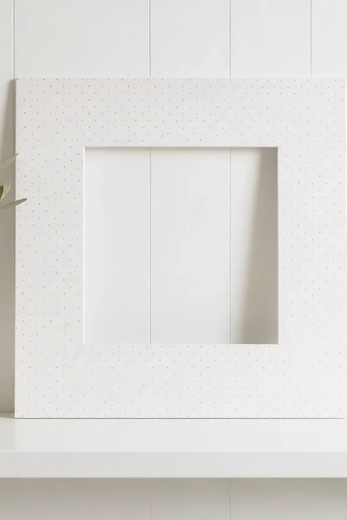 A white foam-board instagram frame with a tiny repeating pattern (small dots) on the outer border and a centered square window; photographed on a white shelf.