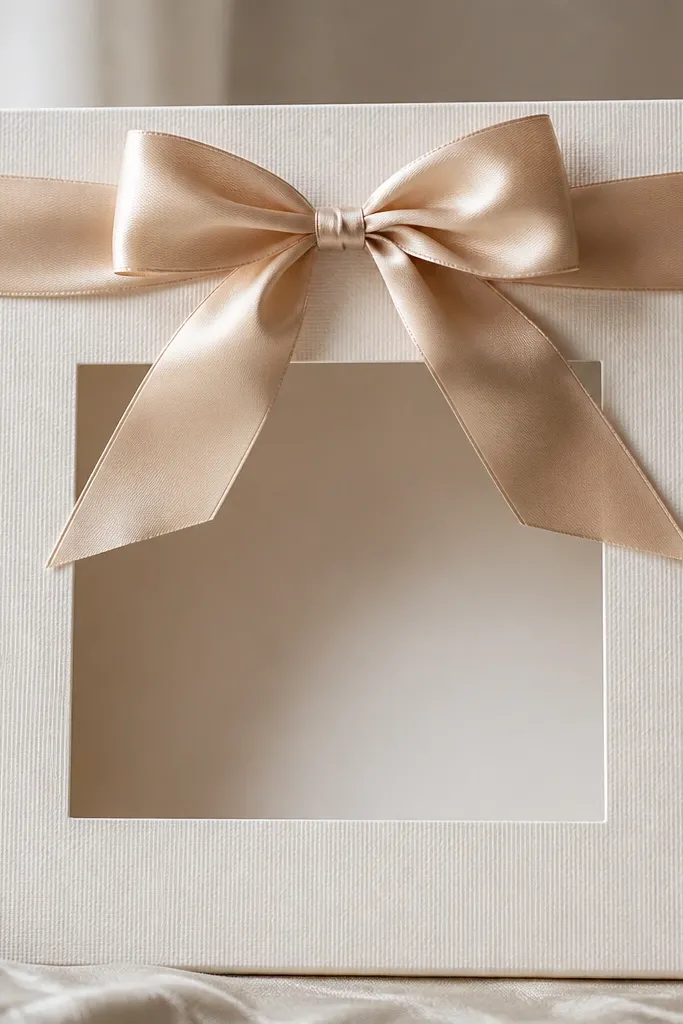 A foam-board instagram frame with a satin ribbon tied in a bow across the outer top and a square inner window; photographed close-up showing ribbon texture.