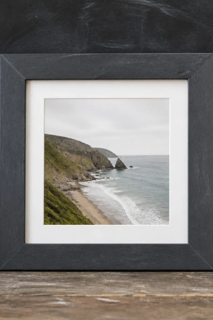 A dark slate outer frame around a square inner window, with subtle chalk-like texture and white photo matte; photographed in front of a chalkboard wall.