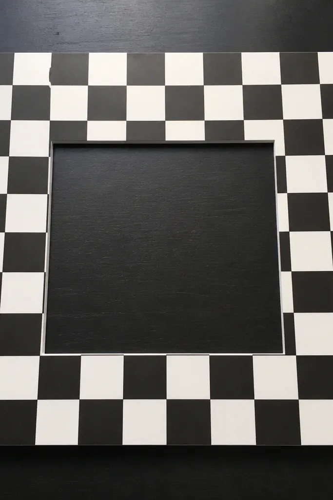 A black-and-white checkerboard outer band on a foam-board instagram frame with a centered square photo window; photographed on a dark tabletop.