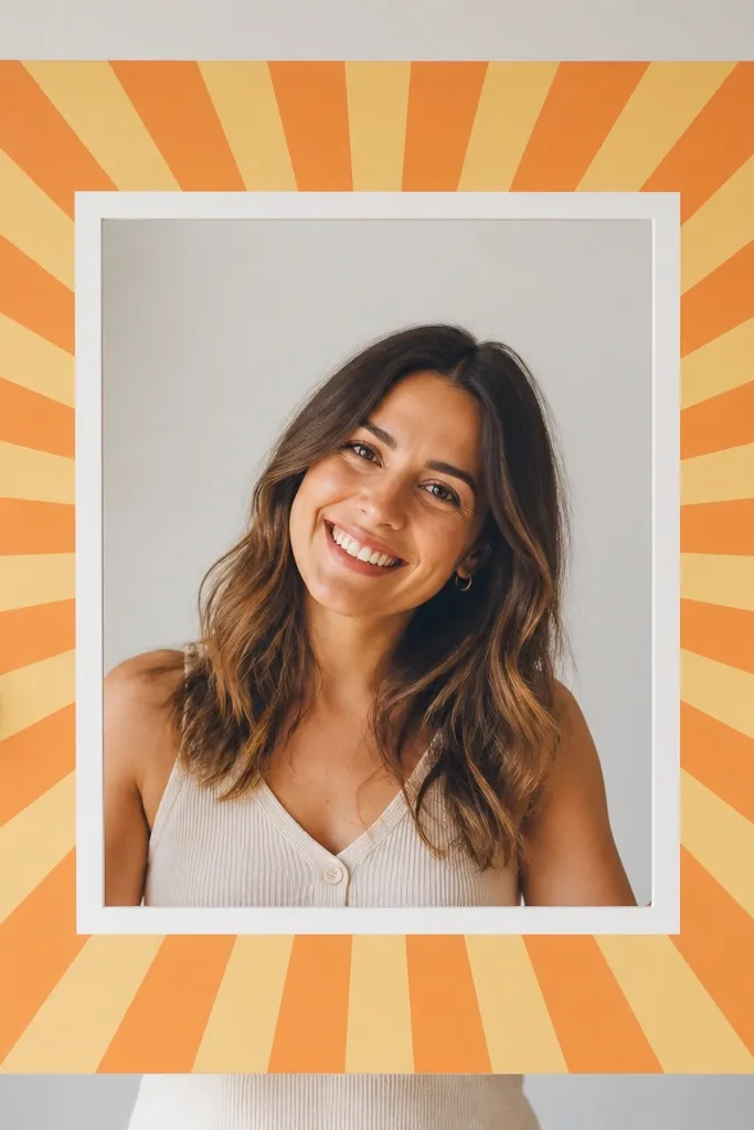 A foam-board instagram frame with sunburst rays radiating from behind the inner window, in warm orange and yellow lines; photo centered with white matte.