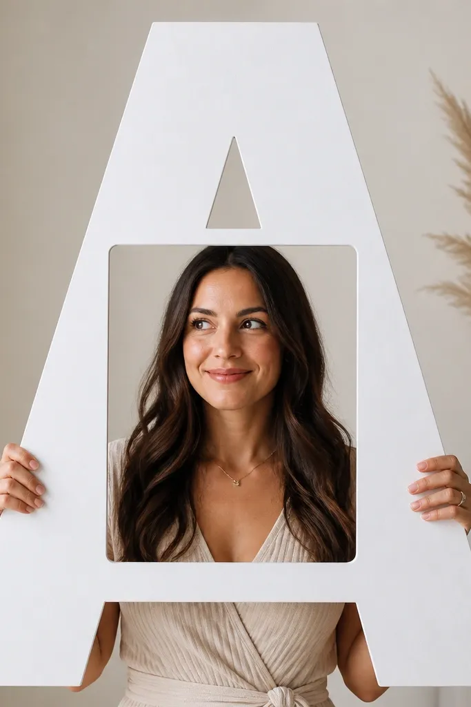 A foam-board instagram frame with a large letter cutout in the outer border area, leaving a silhouette effect around a centered photo window.