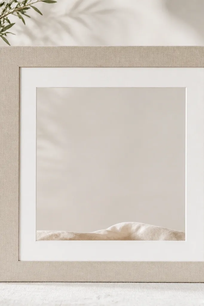 A foam-board instagram frame wrapped with light beige linen fabric around the outer edge, with the inner window open and white matte border.