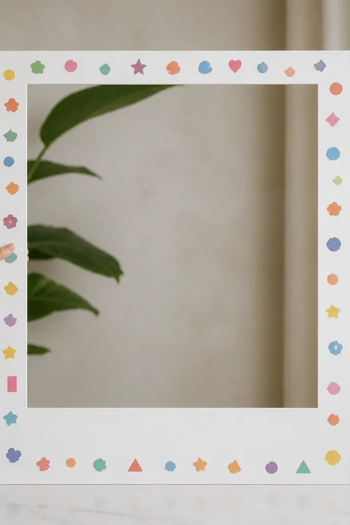 A white foam-board instagram frame with a border made of small vinyl sticker shapes along the outer band, and a sealed matte finish visible under light.