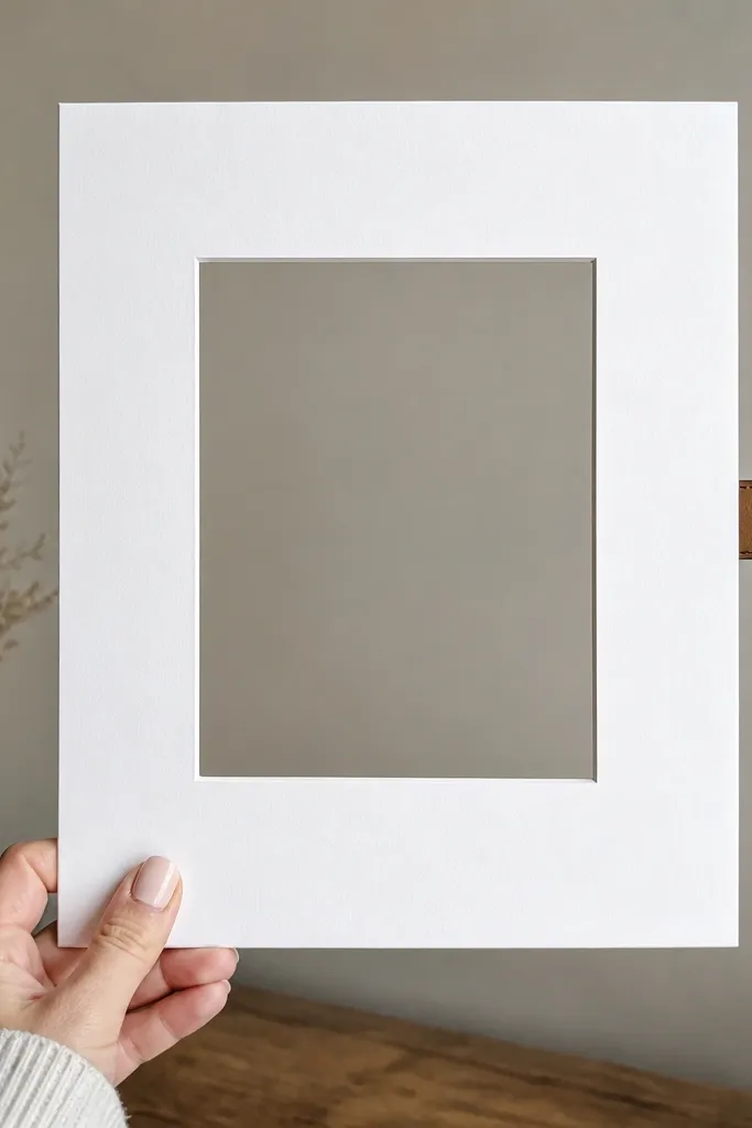 A foam-board instagram frame with a faux leatherette strap loop on the back, shown in a photo where the frame is held upright; inner window centered.