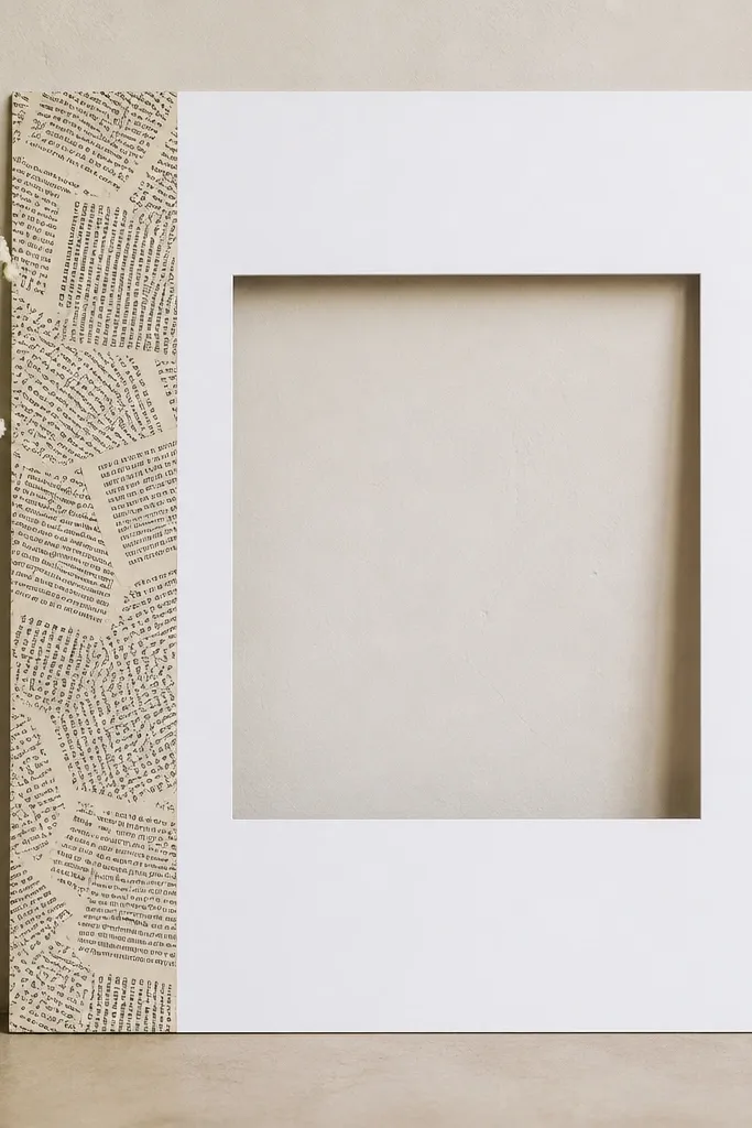 A white foam-board instagram frame with a vertical newspaper-text strip on the left side of the outer border, centered square window on the right.