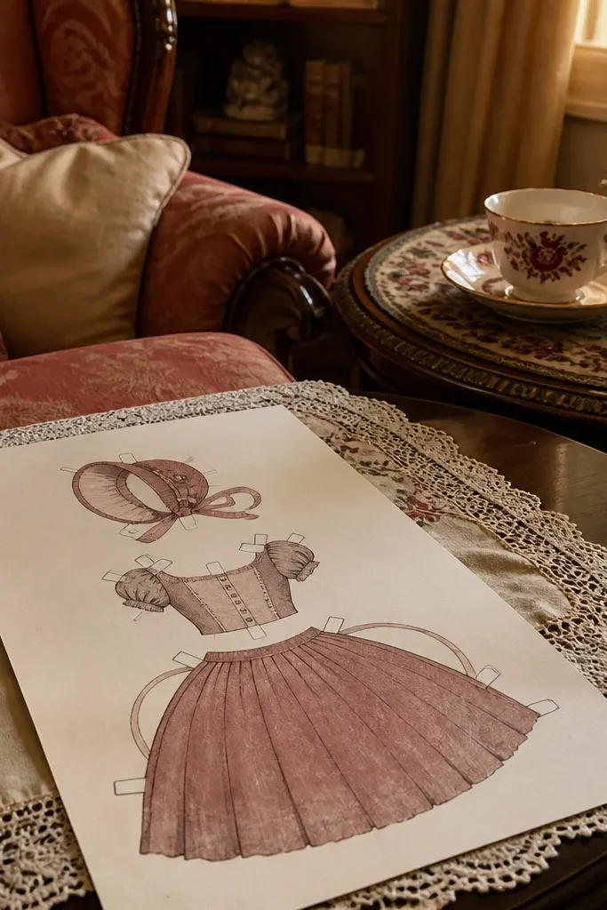 Paper doll in a bonnet with layered dress, apron, and hat pieces on letter paper