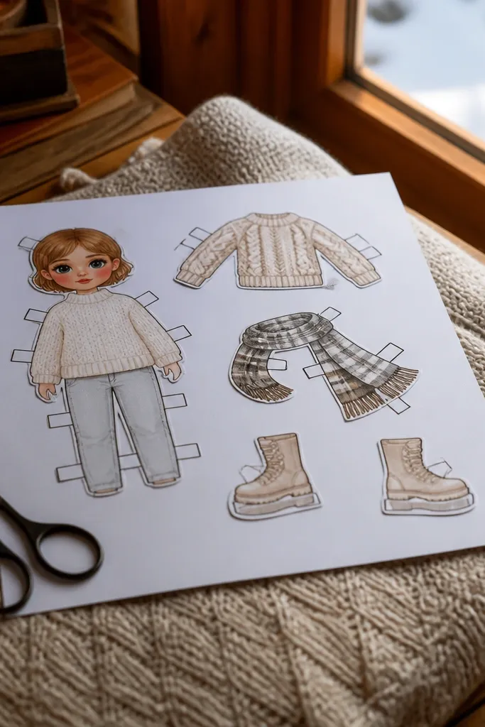 Winter paper doll in sweater with scarf and boots pieces on a clean background