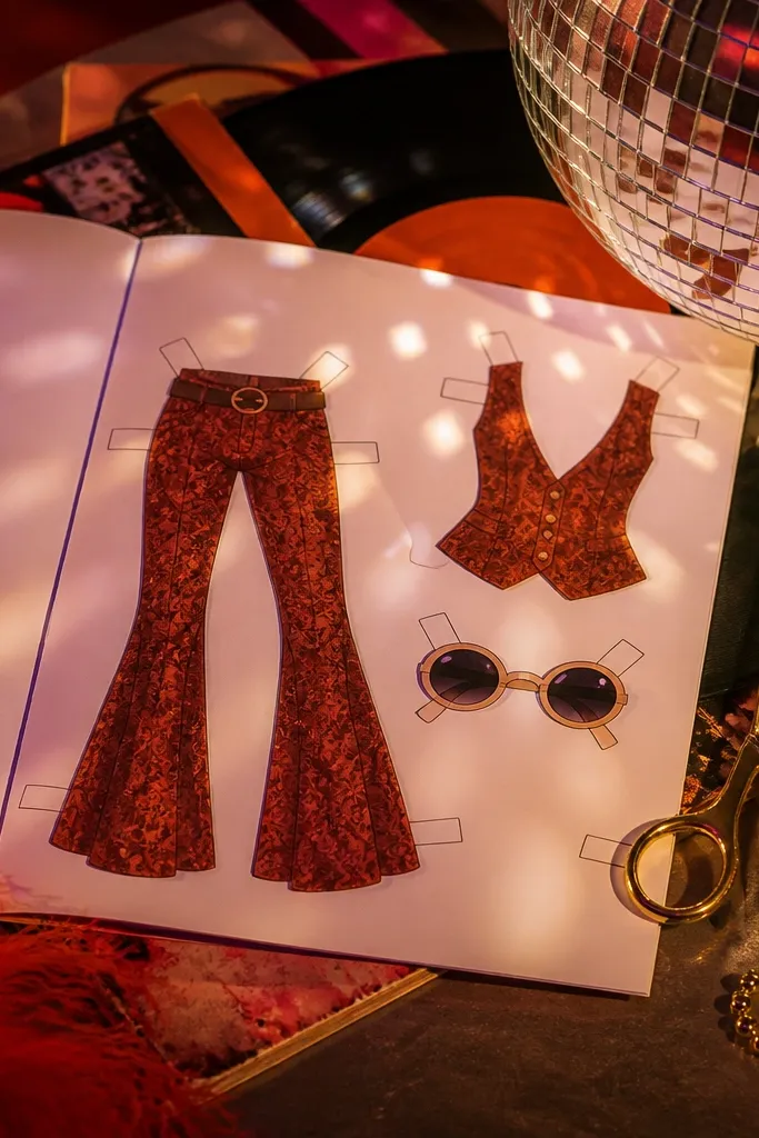 Retro disco doll with flared pants, vest, and sunglasses pieces