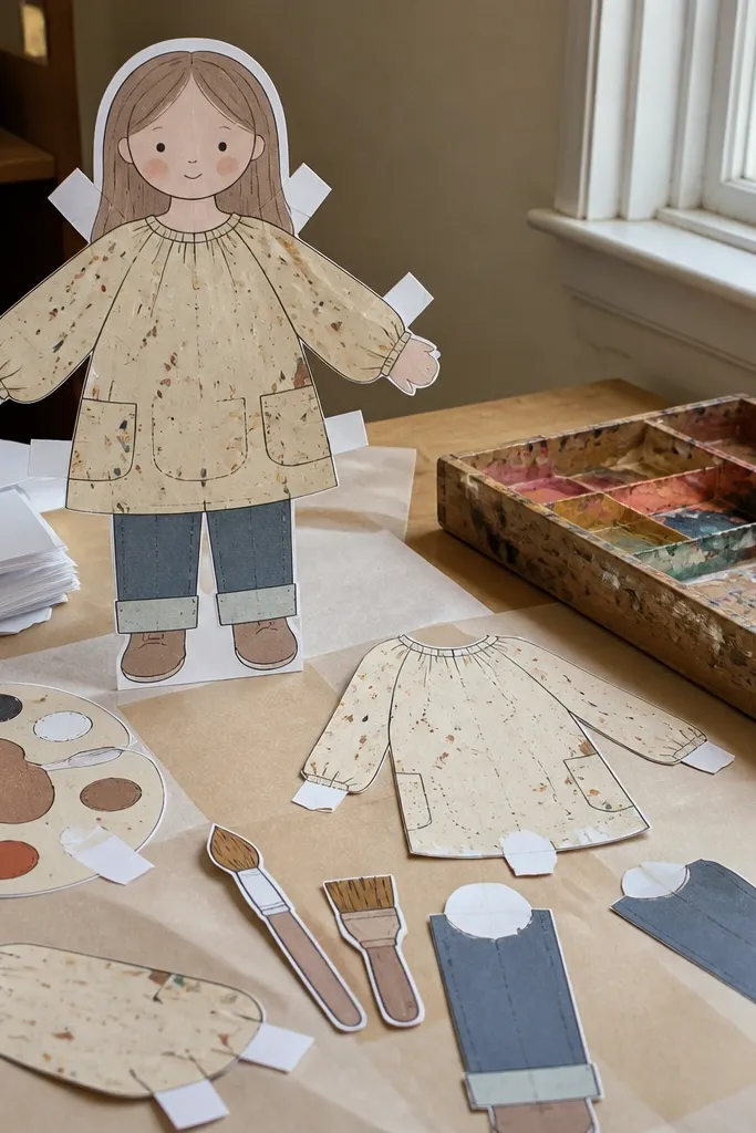 Paper doll in smock with separate paintbrush, palette, and apron pieces
