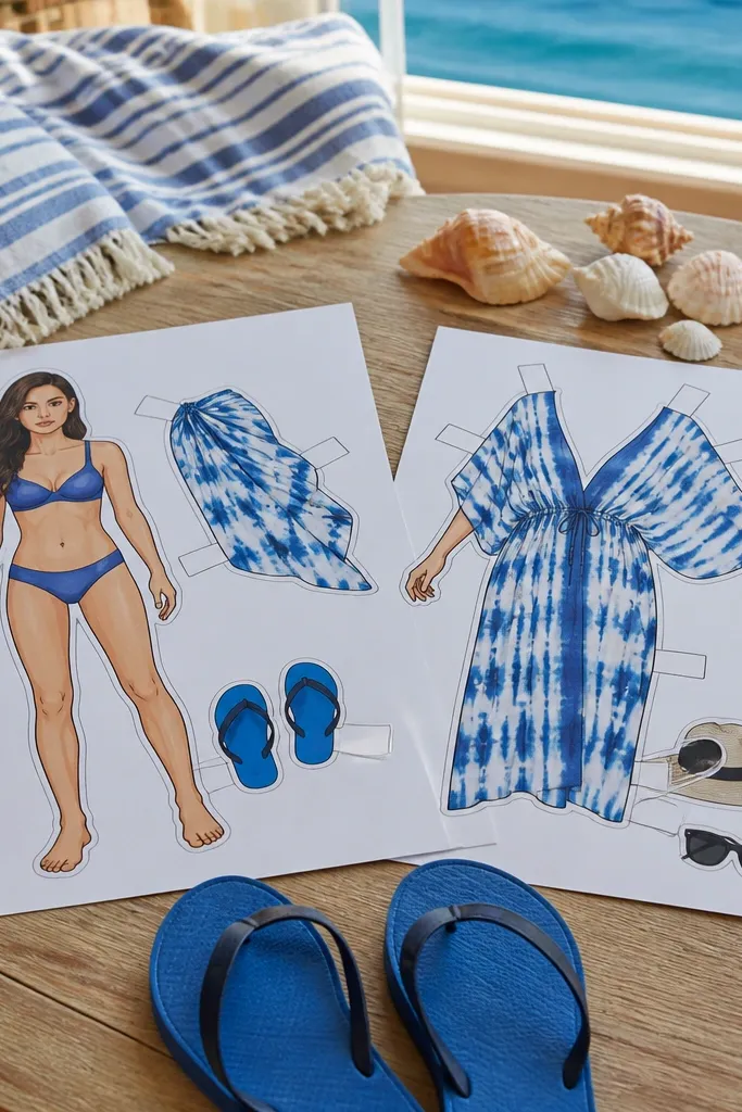 Beach paper doll with swimsuit, skirt cover-up, and flip-flops pieces