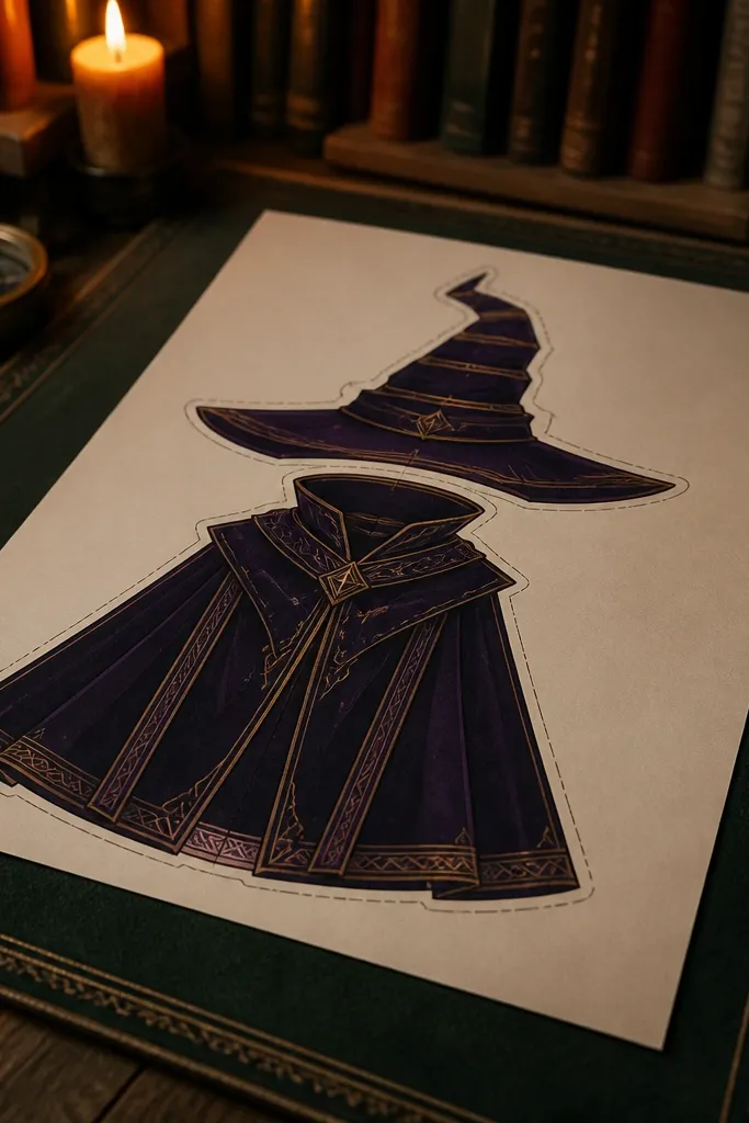 Wizard paper doll with pointed hat, layered cloak, and boots pieces