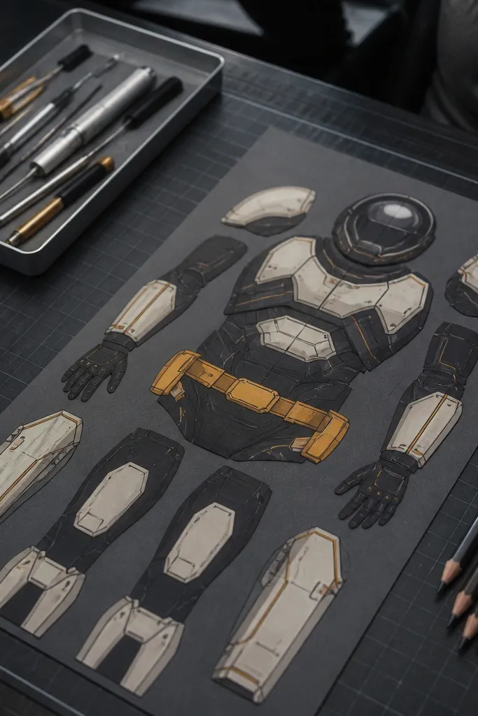 Space outfit paper doll with helmet visor, suit panels, and gloves