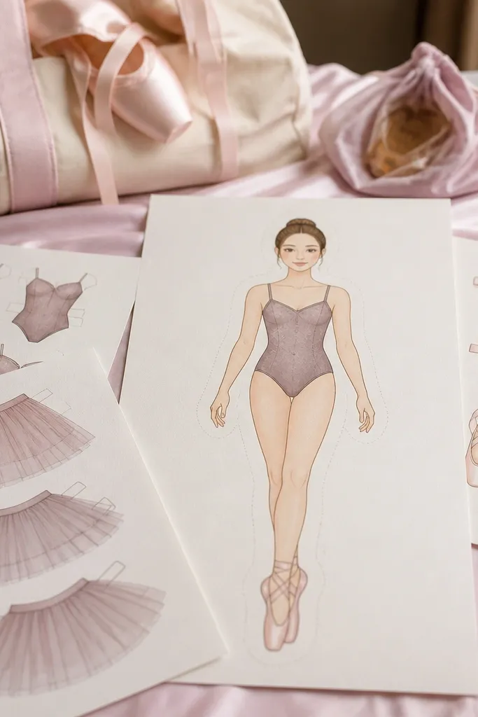 Ballet paper doll with leotard, tulle skirt layers, and ribbon shoes