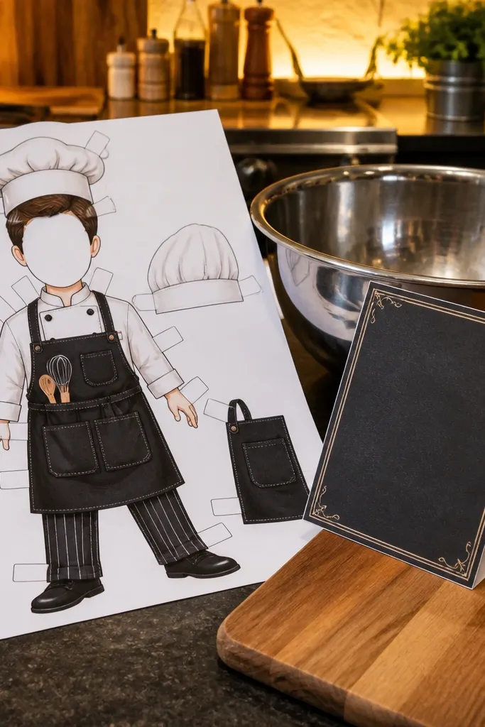 Paper doll chef with apron, hat, and separate menu sign piece