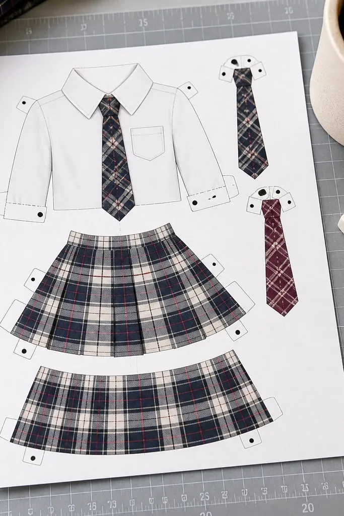 Paper doll in uniform with plaid skirt and tie pieces separated