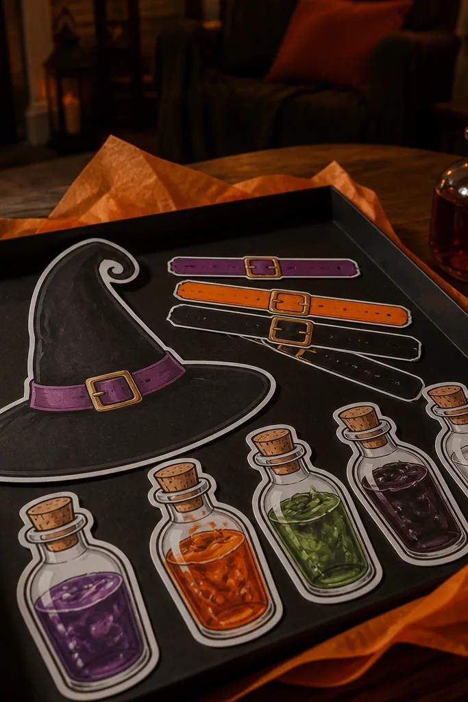 Witch paper doll with hat, striped stockings, and potion bottle pieces