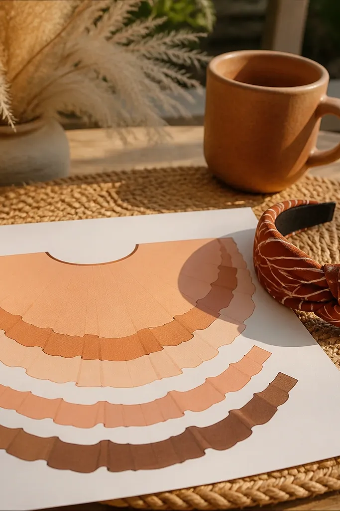 Boho paper doll with ruffled dress layers and a headband piece