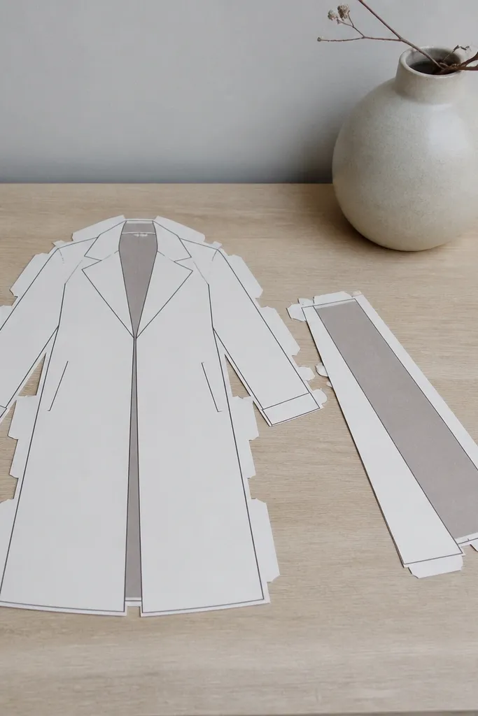 Minimal doll with long coat, belt, and scarf pieces in muted colors