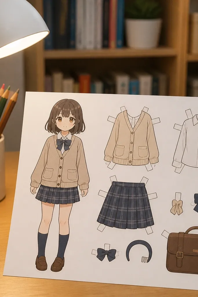 Anime-style doll with skirt, cardigan, and hair accessory pieces separated