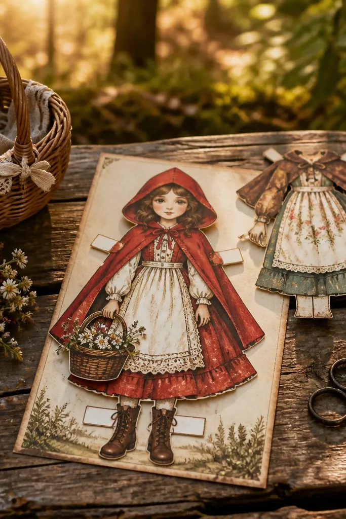 Red riding hood paper doll with cloak, apron, and basket pieces