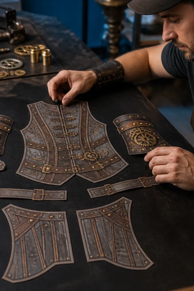 Steampunk paper doll with gear accessories, vest, and leather boots pieces