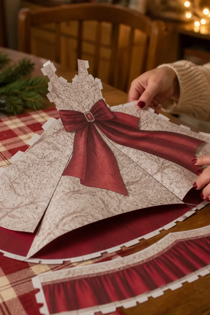 Holiday dress paper doll with bow, wrap, and layered skirt pieces
