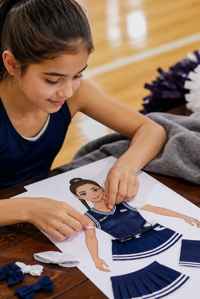 Sports paper doll with jersey, skirt, and pom-pom pieces separated