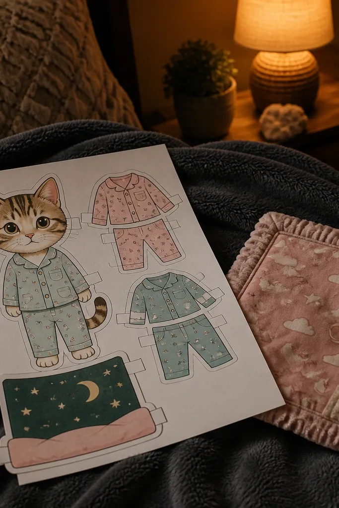 Cat pajamas paper doll with blanket and paw accessory pieces