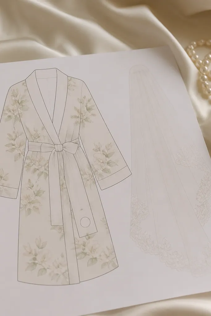 Bridal robe paper doll with veil, sash, and veil edge pieces
