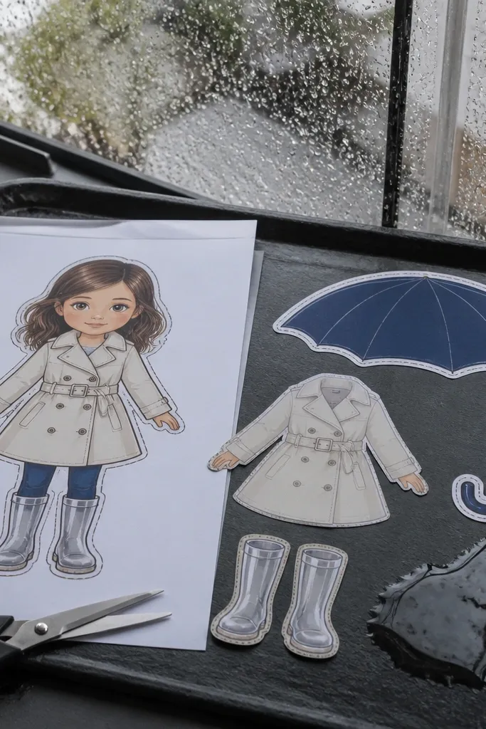 Rainy day paper doll with trench coat, umbrella, and rain boot pieces