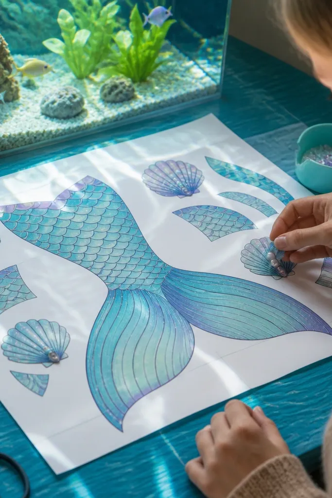 Mermaid paper doll with tail, seashell top, and fin pieces separated