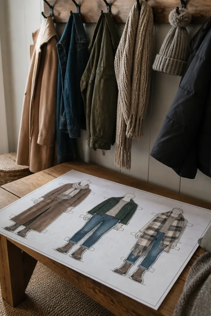 Paper doll with several outerwear pieces laid out for fast swapping