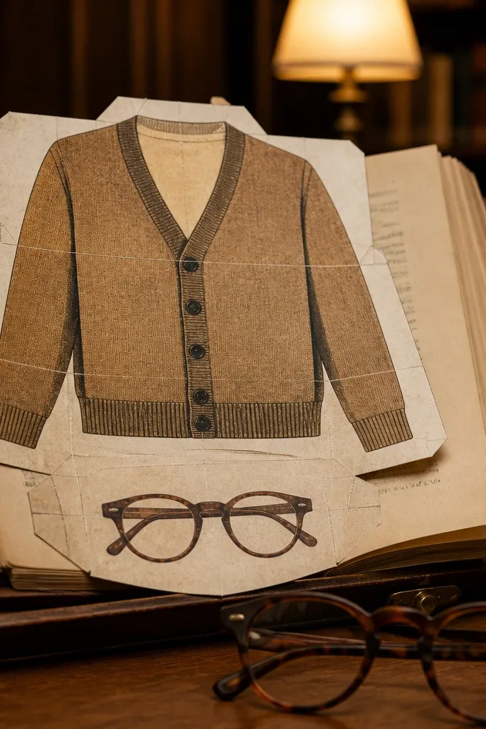 Bookish paper doll with cardigan, glasses, and scarf pieces separated