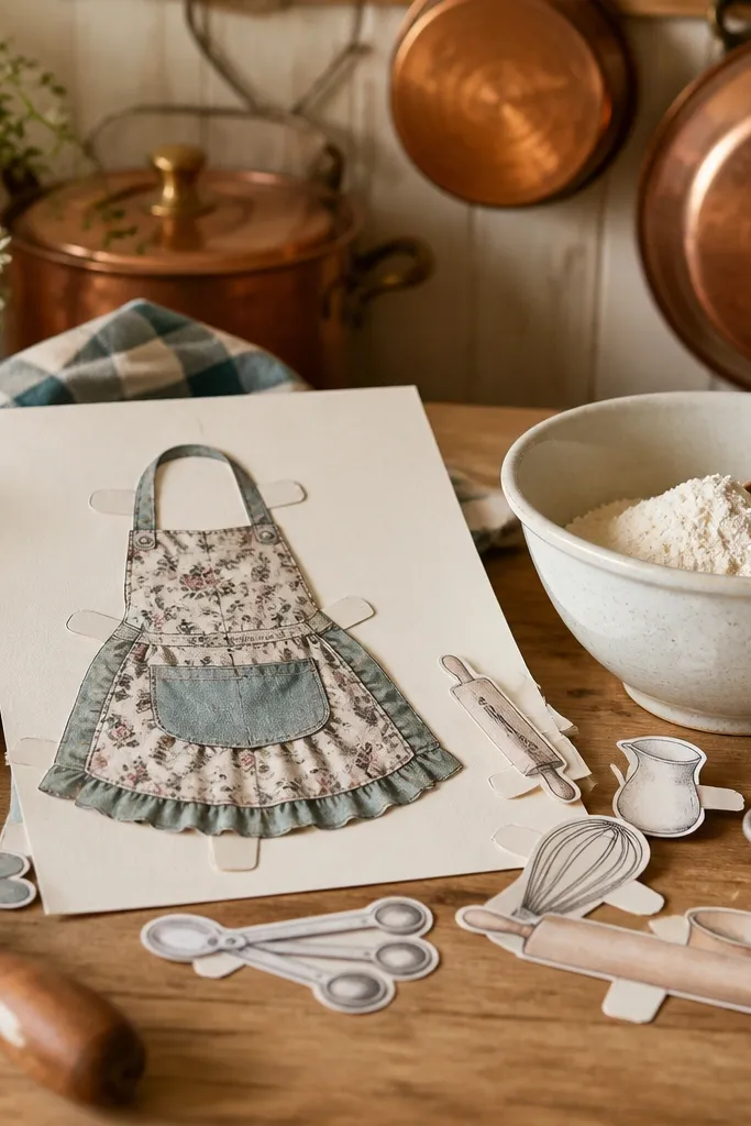 Kitchen apron paper doll with rolling pin and cupcake tools pieces
