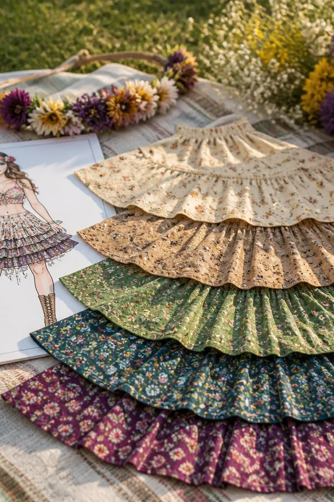 Festival paper doll with flower crown, layered skirt, and belt pieces