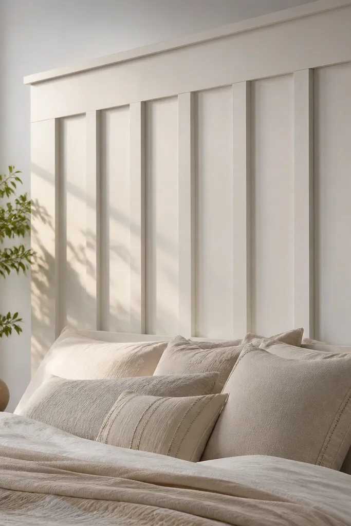 White board-and-batten headboard with vertical grooves and a top rail