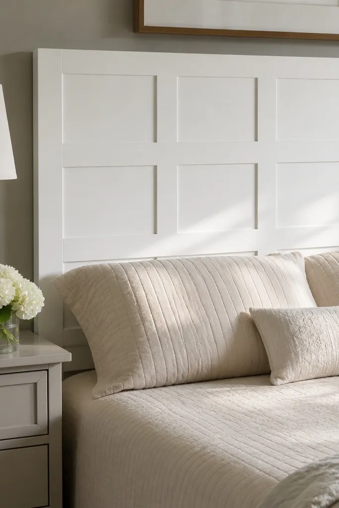 White shaker-style headboard with square panels and a flat top rail